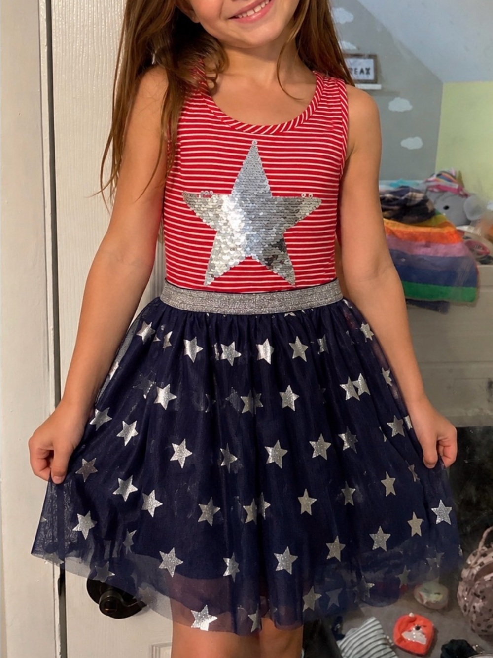 Girls Red & Navy Star Sequin Tulle Dress